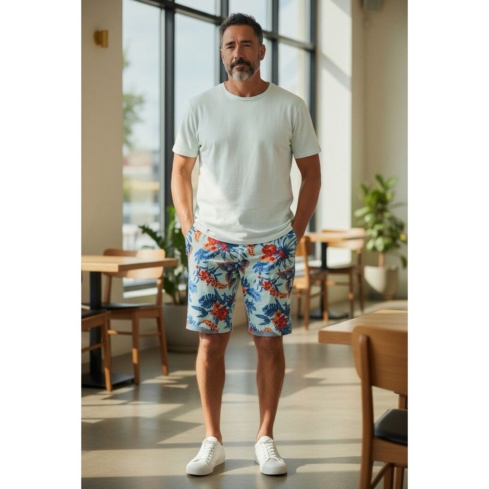 Cactus Man Ricky Singh Tropical Floral Chino Shorts Men’s 36 Blue Orange Hawaii